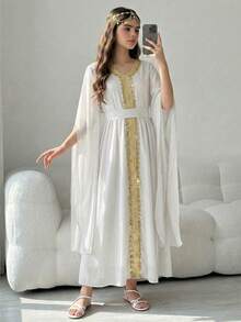 SHEIN 女童白色长袖连衣裙，袖口开衩设计，金色滚边缎带装饰，优雅迷人，适合假日、派对、春夏穿着。 - 白色 - 查看 2