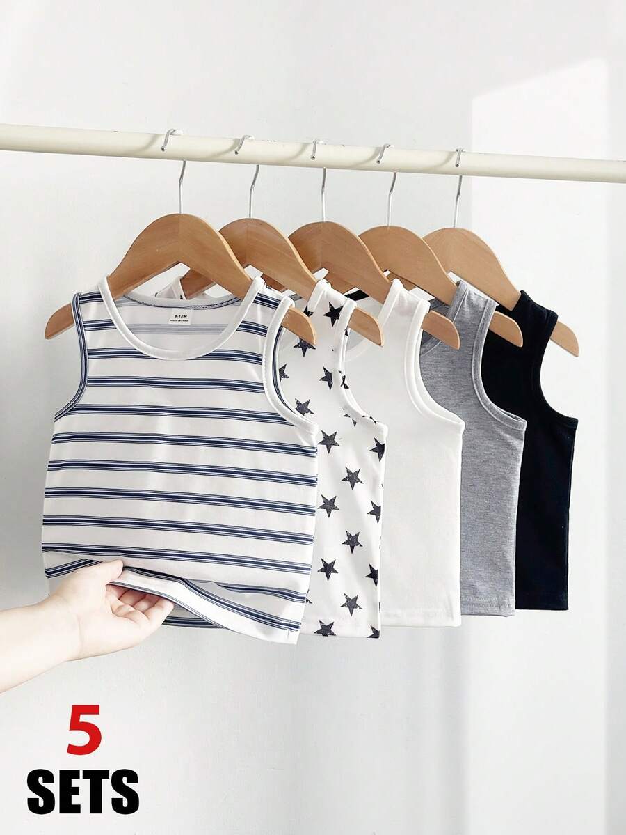 SHEIN Playful Pals 5件套休闲白色针织无袖背心,适合叠穿,适合外出、休闲穿着、旅行,适合6个月至3岁的男婴。 - 彩色 - 查看 1