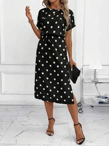 Editum Robe à manches chauve-souris à pois pour femmes, nouvelle collection automne, noir et blanc, polyvalente pour les trajets quotidiens et diverses occasions - Noir et Blanc - Voir 5