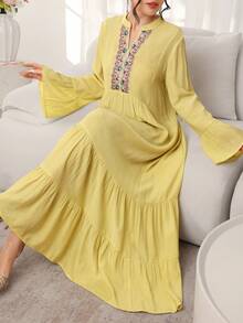 SHEIN Najma Romantic Elegant Yellow Stand Collar Flare Sleeve Ruffle Hem Dress, Spring/Summer - Yellow - View 4