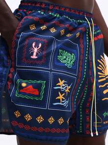 SUMWON 常规款男士沙滩短裤，采用鲜艳的拼接印花，弧形下摆，适合夏季度假、节日和游泳。 - 黑色 - 查看 5