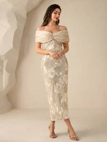 Coutiva 优雅的花卉亮片露肩露背直筒下摆正式晚礼服，适合生日派对、毕业典礼、婚礼宾客和返校派对。 - 杏色 - 查看 7