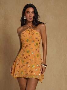 Glamine Đầm mini cổ yếm không tay, vạt lệch, màu cam đính sequin, gợi cảm dành cho nữ, thích hợp cho kỳ nghỉ hoặc tiệc tùng. - trái cam - Xem 4