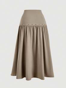 SHEIN MOD 70年代复古女式棕色垂褶领铆钉背心和长裙两件套——复古嬉皮、假日装、波西米亚风、Y2K风、西部风和游牧风 - 卡其色 - 查看 8