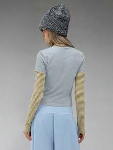 COUREZ 双层长袖针织衫/Y2K长袖上衣 外出上衣 女式上衣 冬季女装 灰色上衣 性感可爱女式上衣 - 彩色 - 查看 2