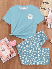 Boho Style Daisy Floral Print, Tween Girls Casual Minimalist Round Neck Short Sleeve T-Shirt And Loose Pants Pajama Set, Suitable For Summer - Multicolor - View 3