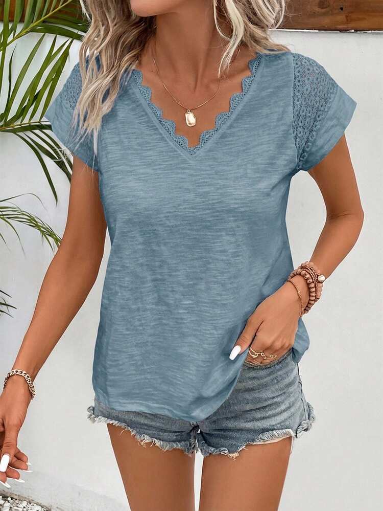 SHEIN Frenchy Women's Casual Solid Color Contrast Lace Short Sleeve T-Shirt, Summer,Summer Top - Dusty Blue - View 3