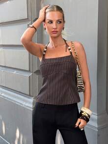 Siren Gaze 女士条纹串珠吊带系带休闲百搭日常上衣 - 棕色 - 查看 4