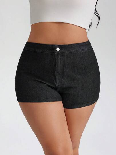 SHEIN CURVE+ Shorts vaqueros ajustados de unicolor con botones para tallas grandes