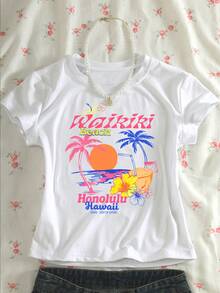 SHEIN Women's Round Neck Letter & Coconut Tree Print Casual Versatile Daily Wear Short Sleeve T-Shirt - White - View 6