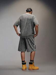 PAVTROS Charcoal Gray,Summer,Streetwear,City Break Men's Oversized Short-Sleeved T-Shirt Set,Snowflake Wash Heavy-Duty Portrait Image Flame Rhinestone Effect - Black - View 2