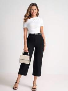 Ellevyn Camiseta elegante de punto elástico de manga corta con pliegues asimétricos y unicolor para mujer, primavera/verano - Albaricoque - Ver 9