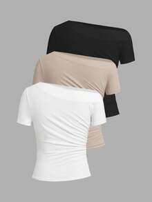 Ellevyn Camiseta elegante de punto elástico de manga corta con pliegues asimétricos y unicolor para mujer, primavera/verano - Albaricoque - Ver 12