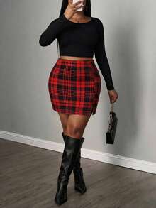 SHEIN PETITE CURVE 加大码格纹开衩修身半身裙 - 酒紅色 - 查看 5