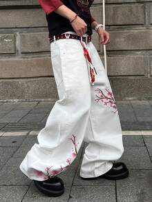 STEELVANCE Men's Casual Loose Fit Floral Embroidery Rivet Design Wide Leg Jeans Pants, Streetwear Fashion, Daily Wear - White - View 3