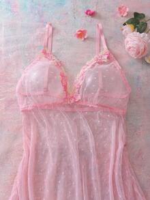 FloralLove Váy ngủ nữ họa tiết hoa 3D thêu lưới màu hồng xếp nếp mỏng nhẹ nhàng, lãng mạn, dễ thương và gợi cảm - Hồng - Xem 3