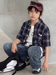 DAZY 男童字母贴布印花短袖单排扣休闲口袋衬衫（夏季款） - 藍色 - 查看 4