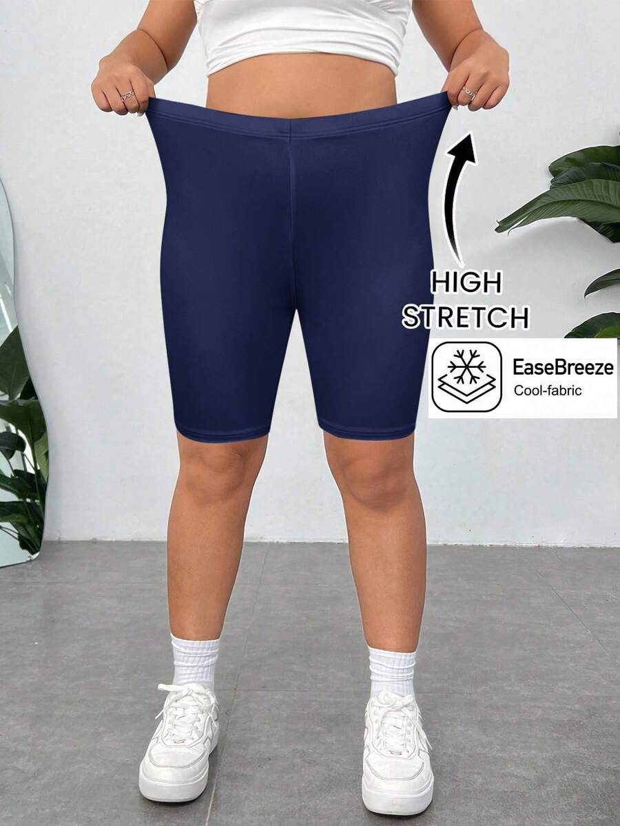 SHEIN EZwear 海军蓝加大码纯色修身短裤女长款短裤加大码骑行短裤女式紧身骑行短裤女式弹力短裤
