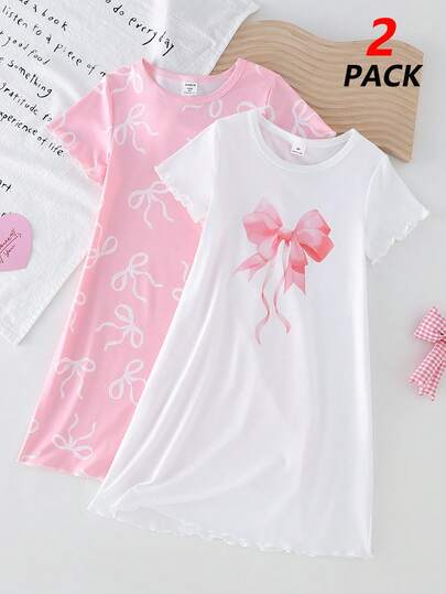 2pcs/Set Girls Casual Soft Comfortable Round Neck Pink Bow Decor Short Sleeve Dress & Pajama Set