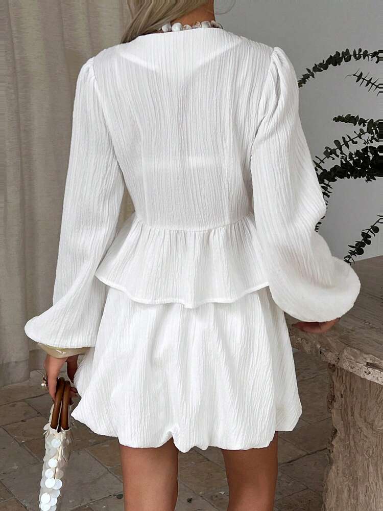 Women's Solid Color Textured Fabric Tie Bow Lantern Sleeve Shirt & Shorts Casual Holiday 2-Piece Set, Spring/Summer