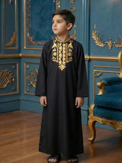 Vacaura Tween Boy Middle Eastern Style Long Robe With Floral Border Decor Half-Open Collar Long Shirt, Suitable For Daily & Festive Wear
