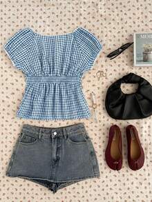 SHEIN EZwear 大码蓝白格子休闲短袖衬衫，心形领 - 藍色 - 查看 5