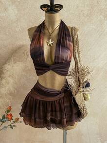 Soleia 女士性感扎染印花露背吊带上衣和迷你裙两件套，夏季 - 彩色 - 查看 4