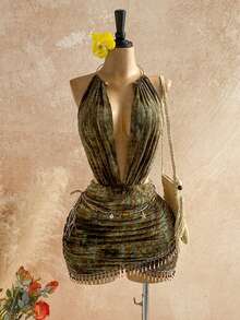 Soleia Đầm mini ôm sát gợi cảm kiểu vintage bằng vải lưới, cổ khoét sâu, đính hạt cườm, thích hợp cho tiệc tùng, Giáng sinh, hẹn hò, hộp đêm, phong cách Bohemian, Boho, kỳ nghỉ, mùa thu. - màu xanh lá - Xem 3