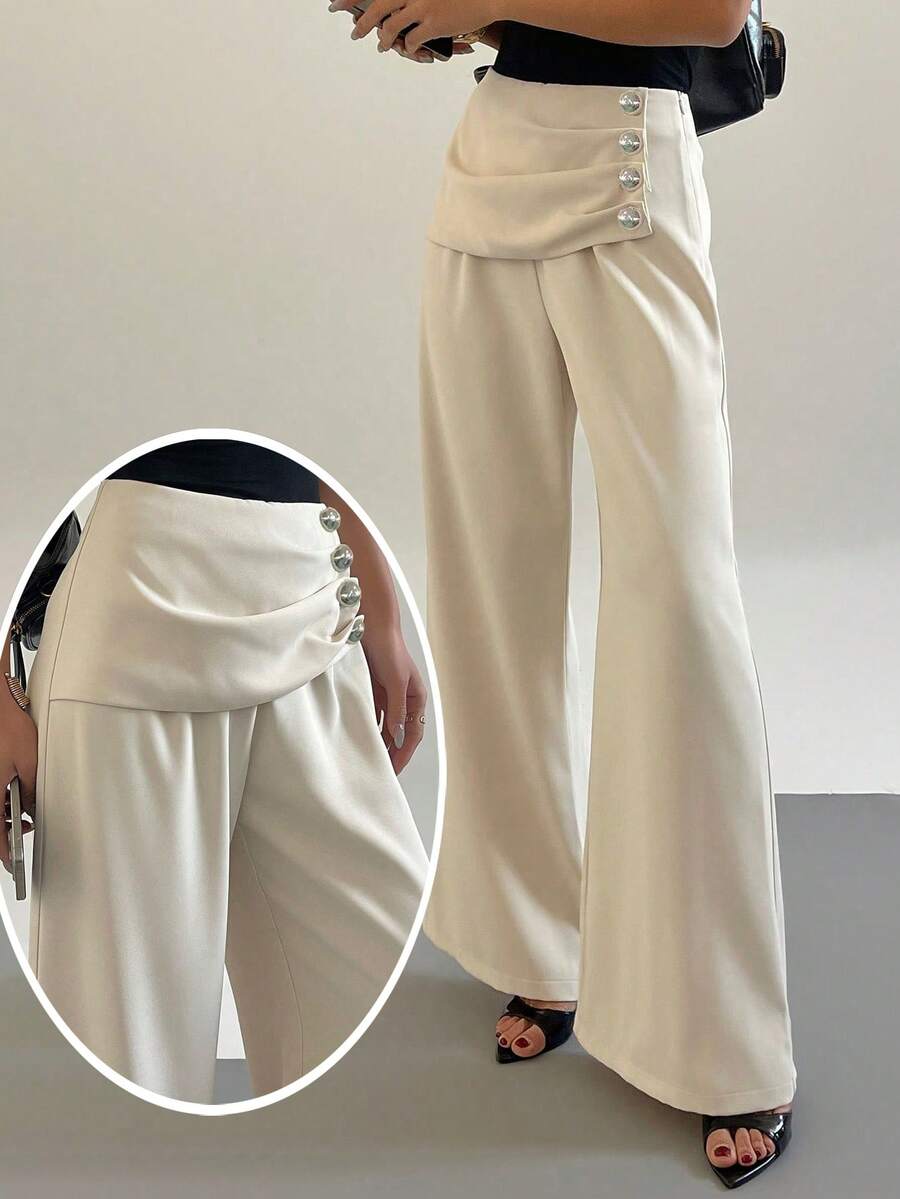 DAZY Women's Casual Metal Buckle Pleated Commuter Pants - Beige - View 1