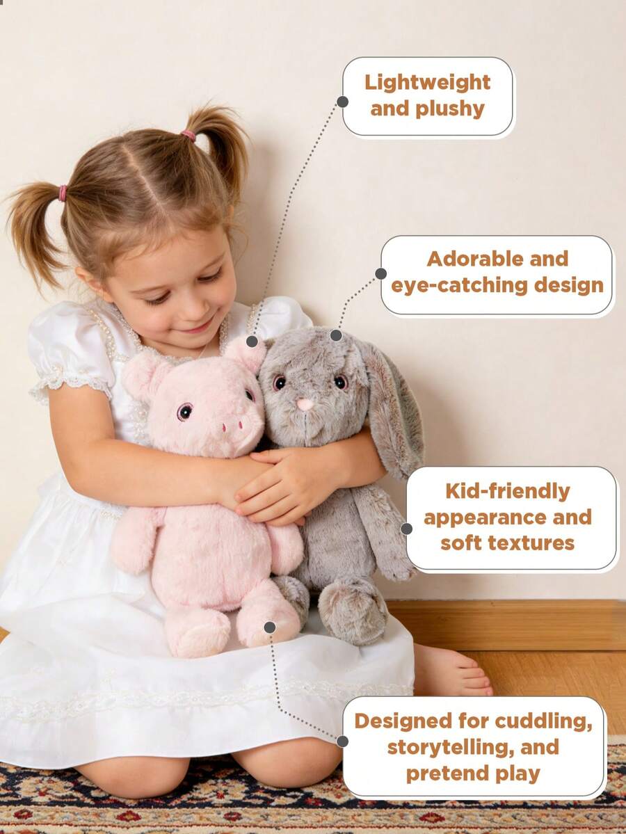 Cute Bunny Or Pig Plush Doll Soft Stuffed Animal Toy, Cozy Fluffy Cartoon Pillow, Warm Comfort Plush Holiday Gift For Kids, Toddlers, Bedroom Decor - Multicolor - View 1
