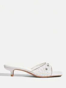 CUCCOO TILAWA Fashionable Square Toe Kitten Heel White Open Toe Transparent Rhinestone Slip-On Sandals, Stylish & Elegant Mid-Heel Dress Sandals For Women - White - View 2