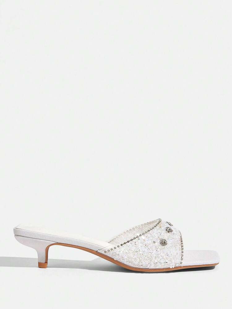 CUCCOO TILAWA Fashionable Square Toe Kitten Heel White Open Toe Transparent Rhinestone Slip-On Sandals, Stylish & Elegant Mid-Heel Dress Sandals For Women