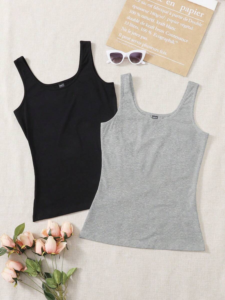 SHEIN EZwear 夏季两件套圆领修身打底背心女式背心女式吊带衫女式马甲衫夏季基础款上衣女式背心基本款上衣女式马甲衫女式吊带衫夏季批发服装女式上衣夏季女式棉质上衣 - 彩色 - 查看 1