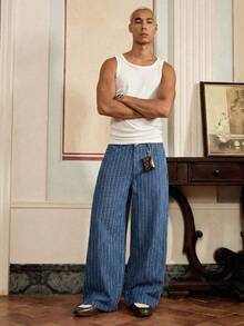 SWAVVY 条纹腰带环直筒宽松休闲牛仔裤 - 藍色 - 查看 3