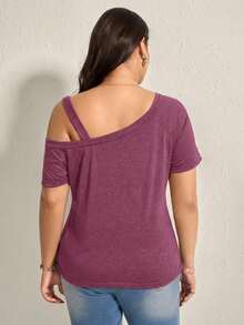Comfylo 大码女式纯色不对称领短袖侧扣休闲T恤 - 中紫紅色 - 查看 2