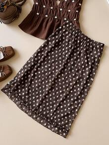 Muvela New Spring/Summer Coffee Brown Polka Dot Textured Lace Fabric Elastic Waist Adjustable Hem Ruffle Trim Design Women's Skirt, Versatile For Summer Outfits - Brown - View 5
