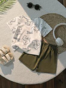 SHEIN Playful Pals 2件組 嬰幼兒男童白色夏季休閒可愛恐龍印花短袖上衣與短褲套裝 海灘度假出遊卡通套裝 - 綠色 - 查看 2