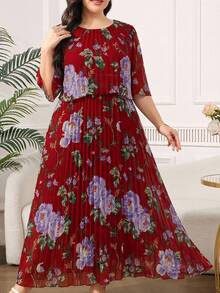 SHEIN Clasi Plus Size Elegant Geometric Print Chiffon Ruffle Hem Dress, Summer - Burgundy - View 4