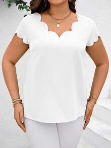 SHEIN Clasi Plus Size Solid Color Shell Trim Short Sleeve Casual Elegant Blouse, Summer Tops - White - View 4