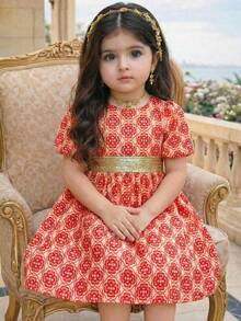 SHEIN Baby Girls Elegant Golden Polka Dot Waist Cinched Short Sleeve Dress, Summer - Pink - View 4