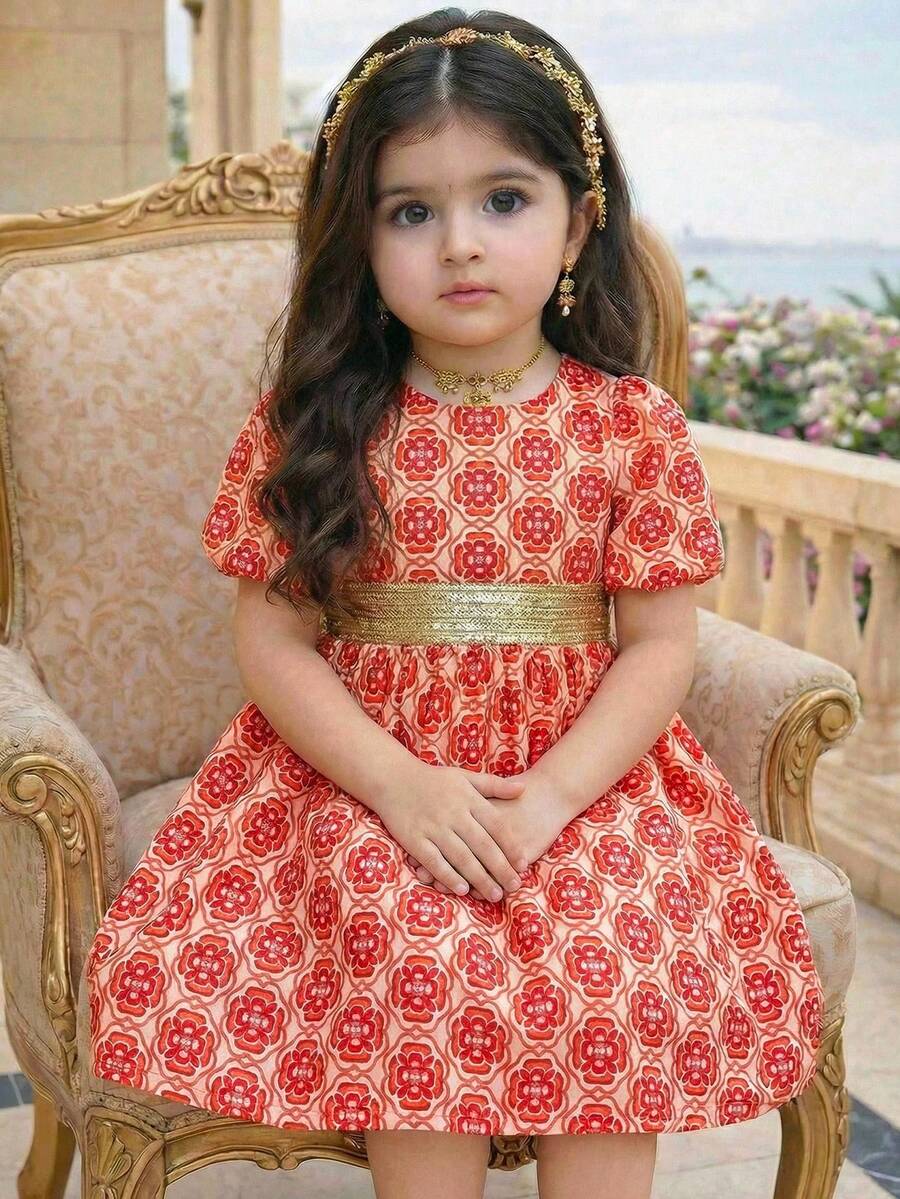 SHEIN 女婴优雅金色波点收腰短袖连衣裙，夏季 - 粉色 - 查看 1