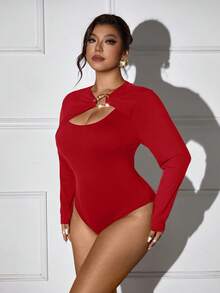 Femmeverse Plus Size Women Unique Relaxed Fit Knit Bodysuit - Red - View 6