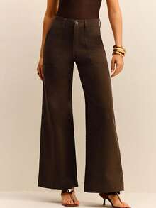 Daynim Calça Feminina Wide Cropped com Elastano Elegante Trabalho Marrom Média Carpinteiro - Castanho - Visão 3
