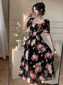 DAZY 法式花卉印花浪漫连衣裙，新款时尚夏季吊带裙 - 黑色 - 查看 3