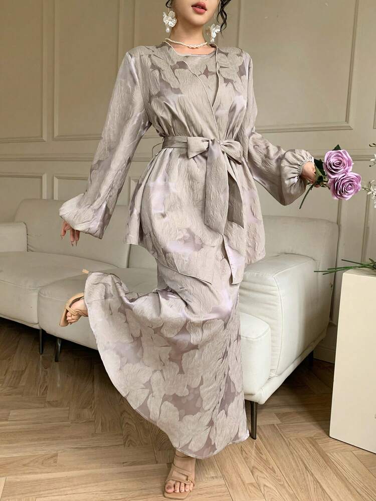 2pcs Women Elegant Jacquard Jacket & Dress Set
