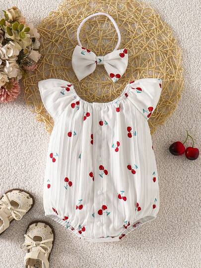 SHEIN Vintaside Kids 新生女宝宝简约樱桃图案圆领荷叶袖连体衣，配同款蝴蝶结发带，适合日常穿着，春夏款