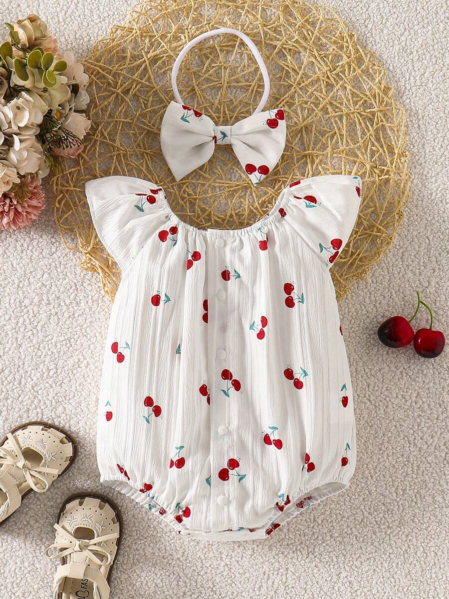 SHEIN Vintaside Kids 新生女宝宝简约樱桃图案圆领荷叶袖连体衣，配同款蝴蝶结发带，适合日常穿着，春夏款