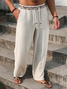 Manfinity RSRT Men's Vacation Drawstring Waist Geometric Print Wide Leg Pants - Khaki - View 6