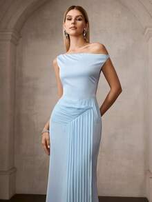 MOTF Soiréza WOMEN'S ELEGANT FORM-FITTING SLEEVELESS ASYMMETRIC NECKLINE MAXI SATIN PARTY GOWN – ASYMMETRIC PLEATED DRAPED SIDE, FLATTERING SILHOUETTE | PERFECT FOR WEDDINGS, GALAS & FORMAL EVENINGS - Baby Blue - View 5