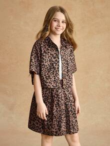 SHEIN Sparklyn Tween Girls Leopard Print Outfit, Includes Loose Fit Top And Skirt, Soft Fabric, Streetwear Style, Suitable For Casual Daily Wear, Street Fashion Photoshoot And Gatherings - Coffee Brown - View 2